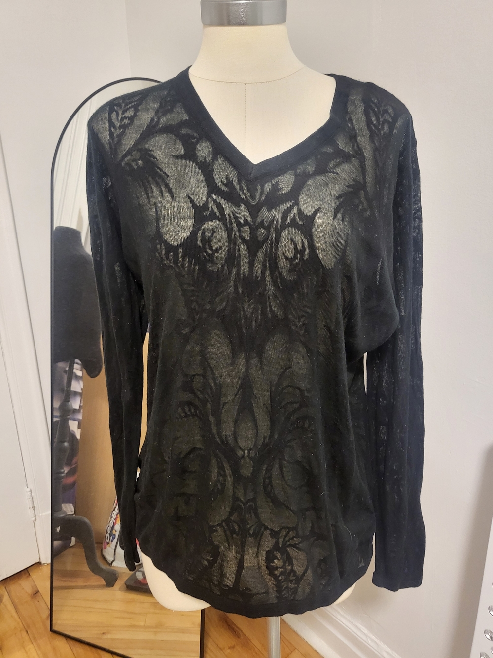 Black Sheer V-Neck Long-Sleeve Top